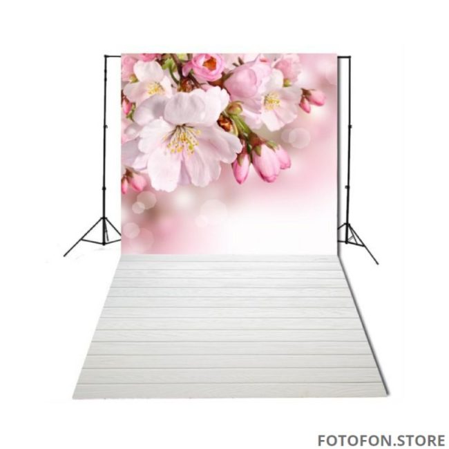 Фотофон вініловий стіна-підлога Рожеві квіти і дерев'яна підлога