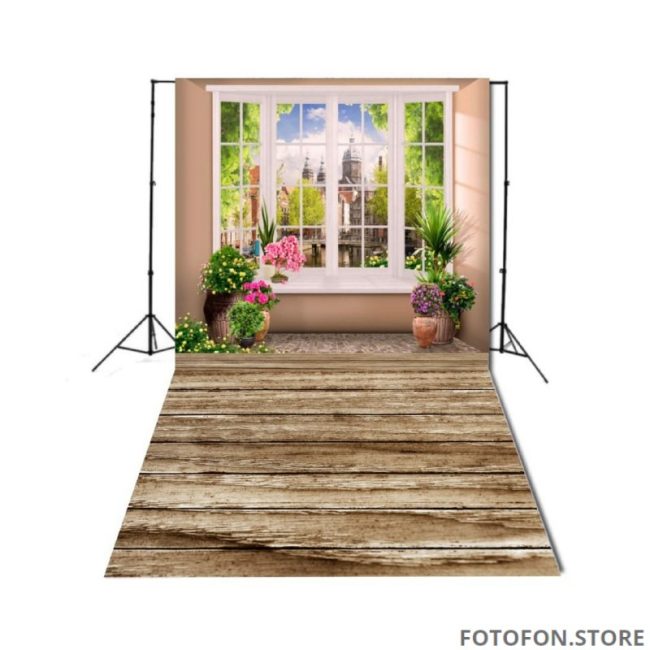Вініловий фотофон для студійної фотозйомки Стіна Підлога Вікно з квітами та видом на старе місто