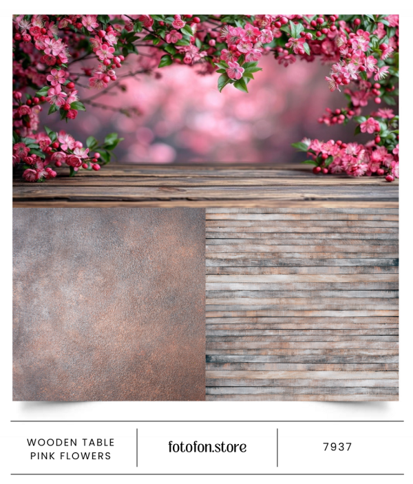 4D вініловий кутовий фотофон Wooden table pink flowers