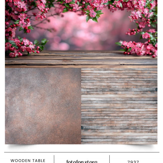 4D вініловий кутовий фотофон Wooden table pink flowers