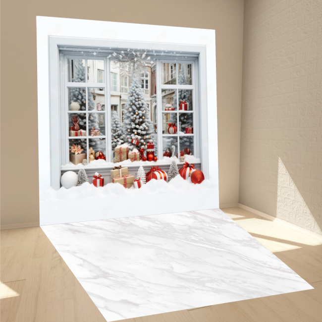 Фотофон Стіна Підлога для фото та відеозйомок Christmas snow window with gifts and marble floor