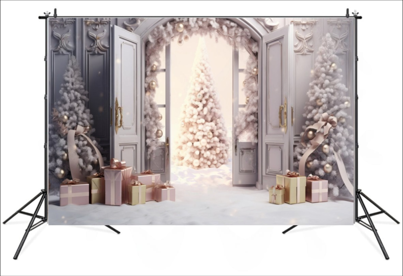 Вініловий фотофон "Pink Christmas trees, snowflakes, gifts with open door"