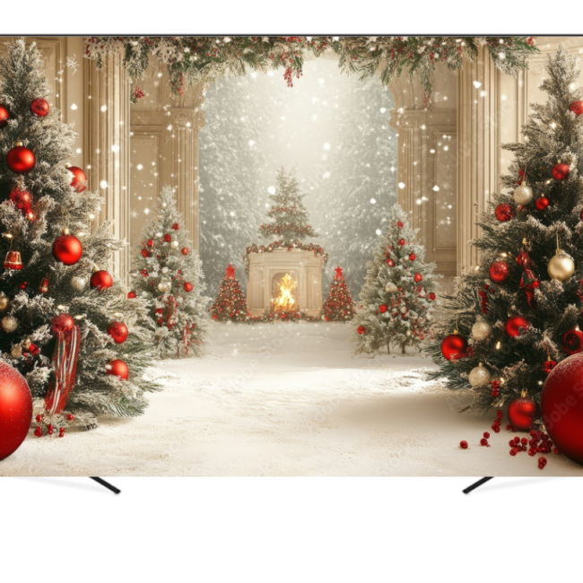 Вініловий фотофон ''Різдвяний камін з ялинкою та класичними колонами''
