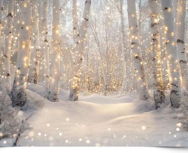 Вініловий фотофон Snowy Winter Forest with Lights — засніжений зимовий ліс із березами