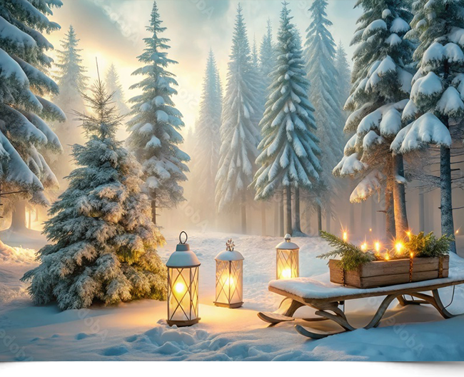 Вініловий фотофон Snowy Forest with Wooden Sled