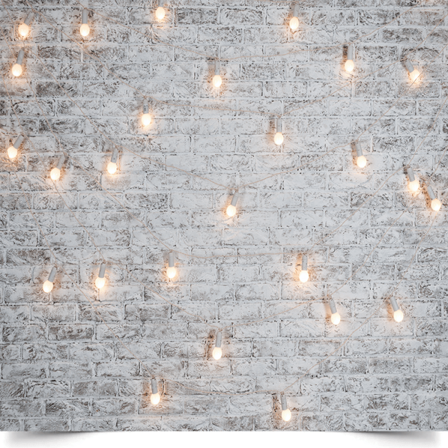 Вініловий фон для фотозйомки «Цегляна стіна з лампочками» (святковий Loft)